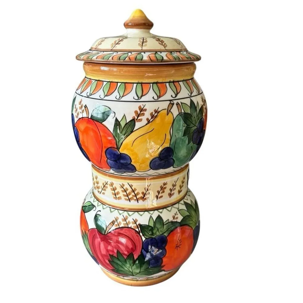 Vintage Handmade For Nonni’s Colorful Fruit Design Ceramic Biscotti Jar *Read*